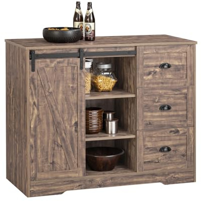 SoBuy Kücheninsel Highborad Kommode Schrank freistehend Küchenschrank Sideboard Bartisch Esstisch Buffet Industrie-Design Vintagebraun BHT ca. 110x90x50cm KNL08-N