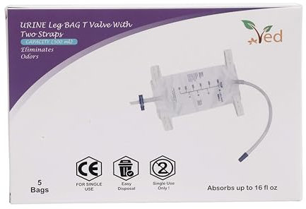 Sacca da gamba Ved Urine in PVC, valvola a T con due cinturini e design naturale a forma di gamba, 500 ml (confezione da 5).