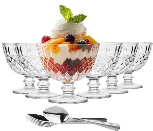 Glasmark KROSNO 1992 Juego De 6 Copas De Helado 300 ml Con Cucharas Copa De Vidrio Transparente Para Postres Fruta Aptas Para Lavavajillas