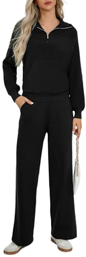 Totatuit Survêtement Femme Ensemble Jogging Tenues 2 pièces pour femmes sweat-shirt à manches longues demi-fermeture éclair jambes larges ensembles de salon Noir，L