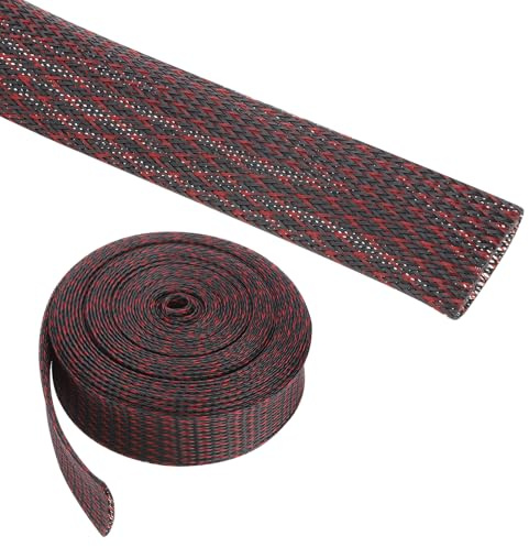 Rebower 25ft PET Expandable Wire Loom 1.5 Inch, PET Braided Wire Sleeving Cable Management Sleeve Tubing [for Audio Video Home Office Cord Protector]-Black Red