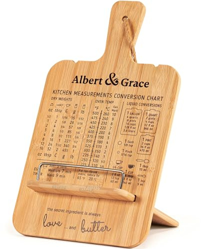 Albert&Grace Adjustable Bamboo Cookbook Stand with Conversion Chart – Recipe Book Holder for Kitchen Counter, Large Wooden Stand for Cookbooks, Tablets, & iPads