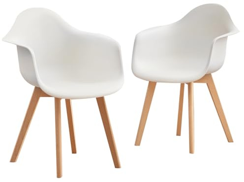 GrandCA HOME Set med 2 matsalstolar, matrumsstolar, set om 2, fåtöljstol, lämplig för sovrum, kök, matsal, kontor, plaststol, ben av massivt trä (vit, 2)