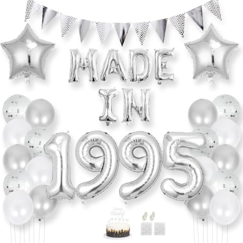 Daimay Happy 30 Birthday Balloon Banner Decorations Silver MADE IN 1995 Aluminum Foil Letters Balloons Latex Confetti Balloons Triangle Flag Party Supplies Cake Topper for Men Women Photo Props