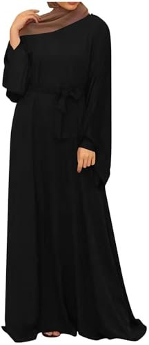 Robe musulmane pour femme avec manches ballon, robe musulmane Abaya, élégante, vêtements islamiques pour femme, couleur unie, avec ceinture, mode décontractée, robe de prière, robe de prière pour