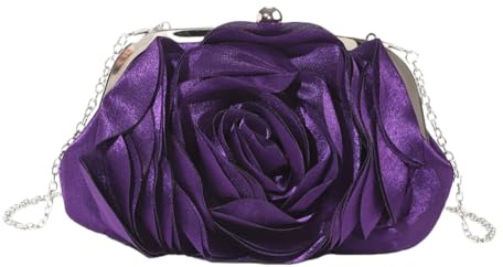 ZEPFJHE Elegante pochette da donna in raso con fiore di rosa con catena staccabile, per matrimoni, feste, eventi, borsetta, Viola