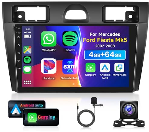 4G 64G VECHTEL 9 Radio para Coche con Bluetooth para Ford Fiesta Mk5 2002-2008 Carplay Android Auto DSP EQ 1280 x 720,WiFi GPS,Radio RDS/FM 2 DIN con cámara de visión Trasera AHD