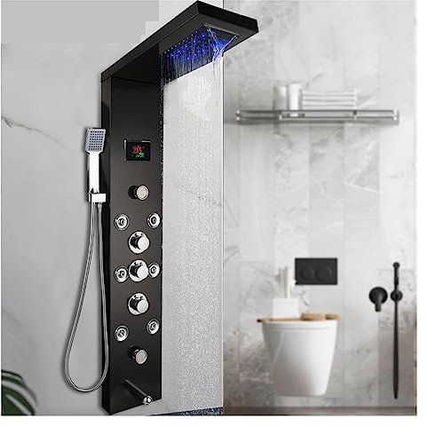 Panneau de douche, Ensemble de robinet de douche à affichage numérique ， Panneau de douche à LED Cascade Pluie ， Système de tour de mitigeur de colonne de bain à jet de massage SPA