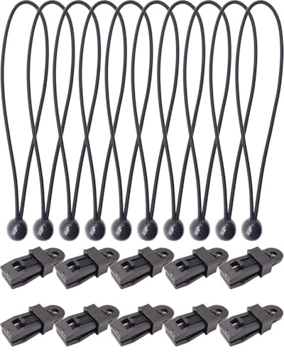 BINCKIN 20PCS Tarp Clip Bungee Cord with Ball, Black Reusable Awning Clips and 10 Inch Bungee Cords with Balls, Adjustable Tarpaulin Clips and Ball Bungees
