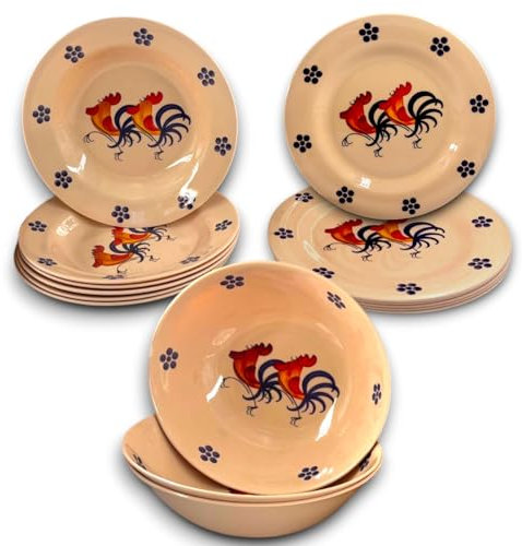 KORAT - Set di Stoviglie in Melamina - 4 Fantasie Disponibili - Piatti Piani, Piatti Fondi, Insalatiere, Ciotoline - Leggero, Durevole, Lavabile in Lavastoviglie, BPA Free (15, Galli)