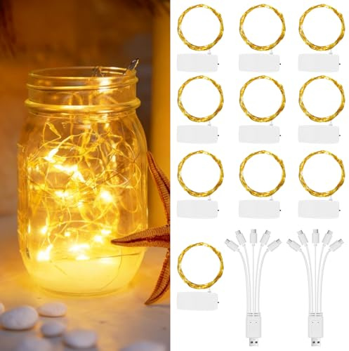 SKUTZTEK 10 piezas Tiras de Luces LED LED 2M - 20 LEDs Blanco Cálido, Reutilizable, Flexible y Recargable con Extraíble - Para Decoración de Navidad, Fiestas, DIY y Decoración Interior/Exterior