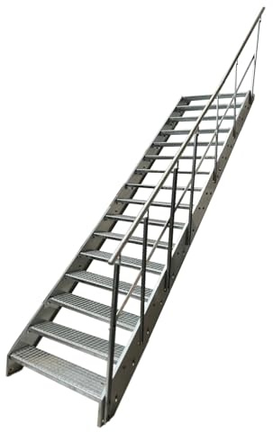 Kaminbau Mierzwa Premium Stahl Treppe mit Geländer rechts komplett Verzinkt / 16 Stufen (Breite 1000 mm) (Höhe 304 cm) Wetterfest Gitterroststufe Gartentreppe