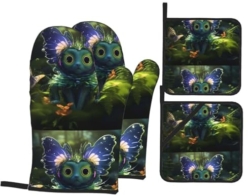 WHJSHOP Ensemble de pâtisserie de cuisine avec motif chat ailé papillon, gants de four, épais et isolants 4 pièces