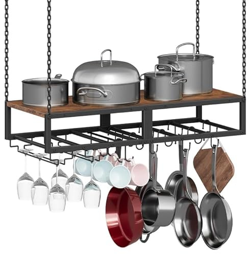 HOOBRO Hanging Pot Rack, Space-Saving Pot Hanger for Kitchen, Ceiling Pan Hanging Rack with 10 S-Shaped Hooks and 3 Dual-Prong Hooks, for Pot, Pan Storage,Space-Saving, Rustic Brown and Black BF78TL01