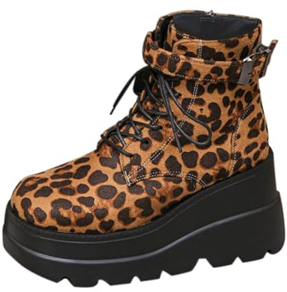Stövletter dam, platåstövlar, kilstövletter, rund tå leopardmönster, stövlar, korta stövlar med dragkedja, motorcykelstövlar, bikerstövlar, fashionabla halvstövlar, snörkängor, höststövlar, kaffe, 36