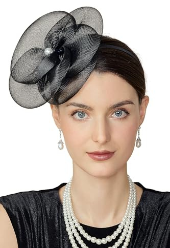 BABEYOND Fascinator-hatt för damer Mesh-blommor Pannband Hattar, Elegant huvudbonad med hårklämma för bröllop damer Race Day, Cocktail Party, svart, one size