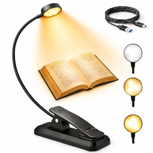 Luz para leer libros en la cama, Luz de Lectura Recargable USB-C Carga Rápida - Lámpara LED con 3 Niveles de Brillo, Flexible 360°, Protección Ocular y Batería Larga Duración - Noche, Estudio y Kindle