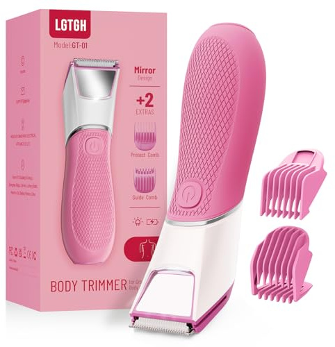 LGTGH Rechargeable Bikini Trimmer for Women: Pubic Hair Razor with Mirror & LED Light - IPX7 Waterproof Electric Shaver, Travel Lock & Ceramic Blades for Legs Underarm - Light Rose