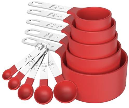Measuring Spoons and Cups|10PCS Measuring Cups and Spoons, Clear Scale Food Grade Kitchen Set with Stainless Steel Handle Stackable & Rustproof for Baking, Cooking, Red