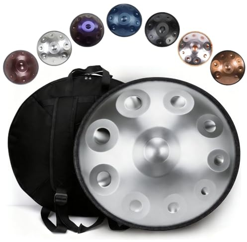 Handpan Instrument aus Stahl D Moll Handpan Drum 22 Zoll mit 9 10 12 Tönen 432Hz 440Hz für Meditation Yoga Sound Healing Entspannung Musiktherapie für Erwachsene Anfänger(Silver,440HZ/10 Note)