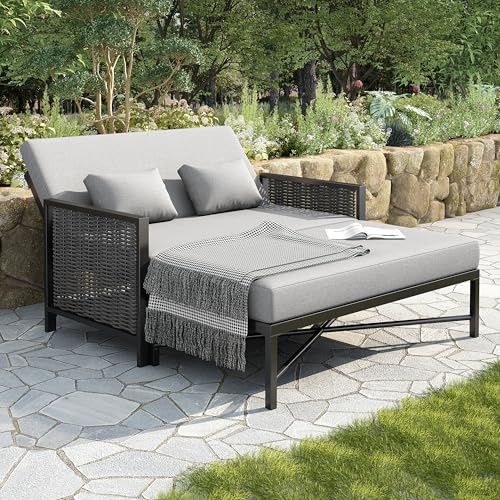 Merax Gartensofa 2-Sitzer, Outdoor Sofa, Gartenmöbel für 2 Personen, Freizeitsofa, Outdoor-Liegebett, verstellbare Rückenlehne (5-stufig, 0-65°), versenkbare Fußstütze, Grau