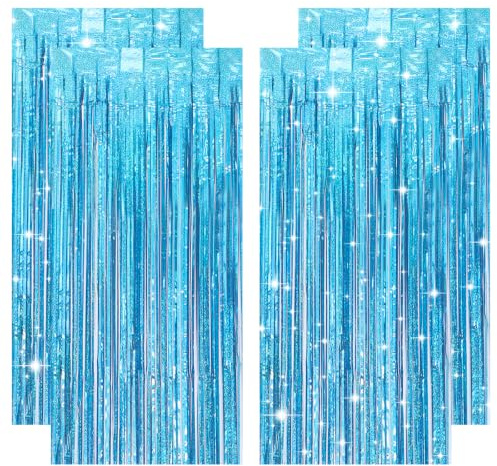 4 cortinas decorativas para fiestas de género Reveal, color azul con purpurina, decoración para fiestas de bebés, decoración de cumpleaños, decoración de cumpleaños o niña, serpentinas metálicas para