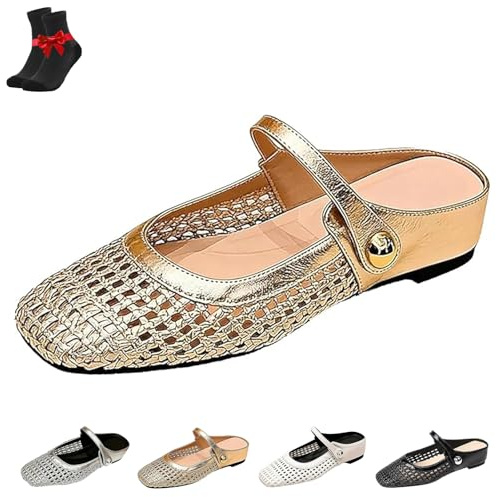 RuiWise Scarpe Basse Casual Scavate In Tessuto Con Punta Quadrata Da Donna, Ballerine Slip-on Da Donna, Ciabatte Estive Eleganti Senza Schienale Alla Moda(Gold,37 EU)