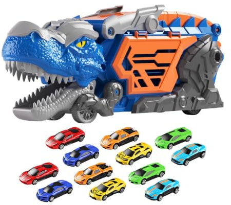 Dinosaurie leksakslastbilar, minibilset, bärbar skenhållare, dubbel ramp förvaringsdesign, för barn, flickor, födelsedagar, nyår, festival, överraskningserbjudande, 14,17 x 5,12 x