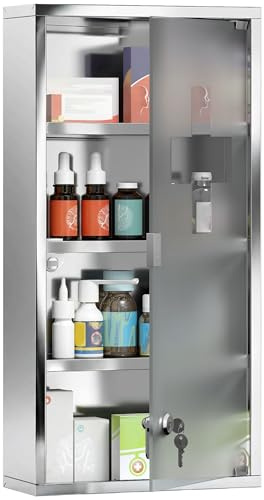 HOMCOM 4 Tier Stainless Steel Wall Mounted Medicine Cabinet Glass Lockable Door Storage Shelves Houseware Bathroom Furniture 60Hx30Wx12D(cm) w/2 Keys