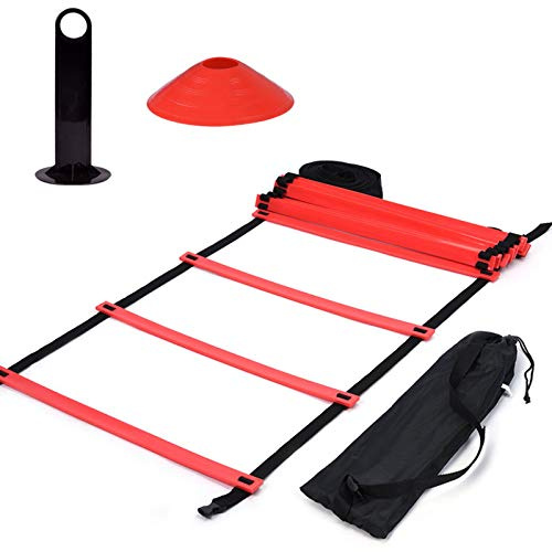 VGEBY Kit Scala Ritmo Allenamento velocità agilità abilità coordinamento - 12 gradini Regolabili e 10 Coni marcatura con Manico - per Calcio Pattinaggio (Colore: Rosso)