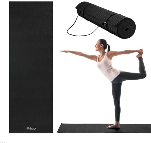 Gaiam Essentials 1/4 Thin (6mm) Yoga & Pilates, Fitness & Exercise Mat with Easy-Cinch Carrier Strap Cusion Support For Fitness and Gym Workouts