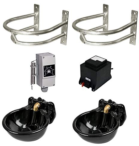 Kerbl Tränke Set: beheizbare Tränken 80W 24V mit 100 Watt Trafo Frostschutz Thermostat und Schutzbügel, Gusseisen Tränkebecken, Frostsicher bis -20°C Pferd Rind Pferdetränke Rindertränke