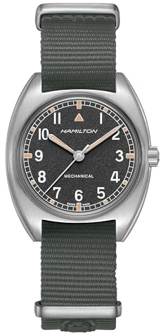 Hamilton Khaki Aviation Pilot Mechanical Men's Watch, 36mm x 33mm Stainless Steel Case, Swiss Made, Black Dial Analog Wrist Watch for Men, 100m Waterproof, Mineral Crystal, Textile Strap
