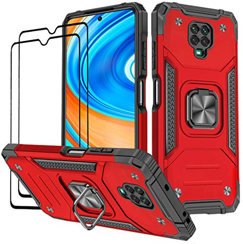 KANSi Funda Compatible con Xiaomi Redmi Note 9 Pro/Redmi Note 9S, Cristal Vidrio Templado [2 Piezas] Capa Anillo iman Soporte Hard PC y Silicona TPU Antigolpes Armor Carcasa - Negro