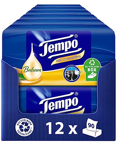 Tempo soft & sensitive Taschentücher Box - Megapack - 12 Boxen , 90 Tücher pro Box - Papiertaschentücher mit Mandelöl und Aloe Vera, waschmaschinenfest
