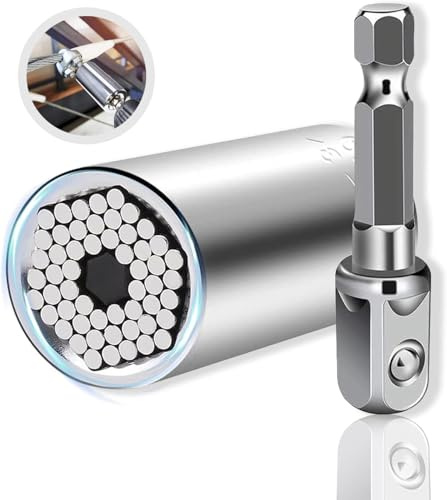 Universal Socket, 1/4-3/4 (7mm to 19mm) Ratchet Universal Socket Set with Wrench Power Drill Adapter - Best Tool Present for Handyman Men Husband Father Boyfriend Him (Silver)