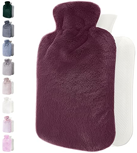 Qomfor Wärmflasche mit Bezug – Weicher Premium Flauschig Bezug – 1,8l groß Wärmeflasche für Erwachsene für Kuschelige Nächte, Schmerzlinderung, Rücken, Bauch, Schulter und Nacken - Burgund