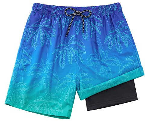 Dancinova Badshorts för pojkar, badbyxor, barn, kompression, foder, badshorts, snabbtorkande simbyxor med boxershorts liner 7–16 år, Palm, 14-16 år