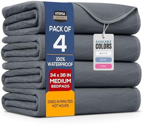 Utopia Bedding Washable Underpads 34 x 36 (Pack of 4), Waterproof Reusable Heavy Absorbency Incontinence Bed Pads for Adults, Kids, Elderly and Pets, Bedwetting Pads for Sofa and Couch (Grey)
