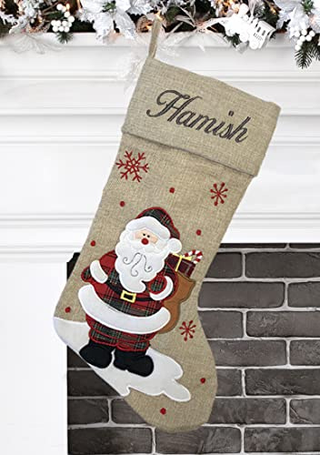 Personalized Christmas Stocking – Reindeer, Santa, Santa Sleigh - Modern Design - Embroidered Name - Large 18.5inch, Beige Color, Family Holiday Season Décor (Santa)