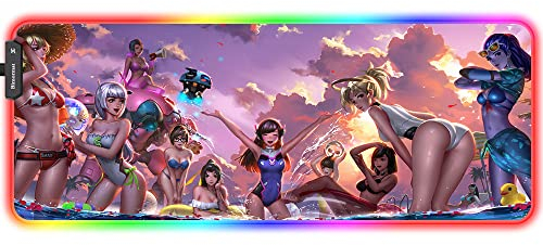 Bimormat Anime RGB Gaming Mauspad,800x300x3mm Groß Mousepad XXL,LED Schreibtischunterlage mit Rutschfester Gummibasis und Haltbaren Genähten Kanten für Personalisierter Gamer(80x30 FGgirls)