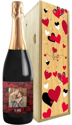 Regalo San Valentino - Prosecco DOC personalizzato e cassa legno - Idea regalo per innamorati, bomboniere, anniversario di fidanzamento e di matrimonio (Foto e testo, Love)