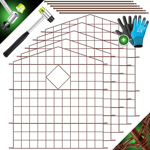 KESSER® Teichzaun Gartenzaun Steckzaun Komplettset Metall 5x Oberbogen Spitz Inkl. Handschuhe, 1x Hammer + 6 Befestigungsstäben, Zaun zum stecken für Garten, Gitterzaun Set Freigehege für Tiere