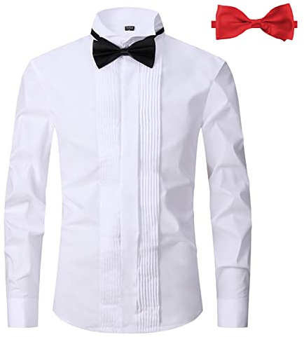 ATOFY Camicia da Smoking da Uomo con Colletto ad Ala Piega Frontale Polsini francesi con 2 Papillon Camicie abbottonate, Bianco, L