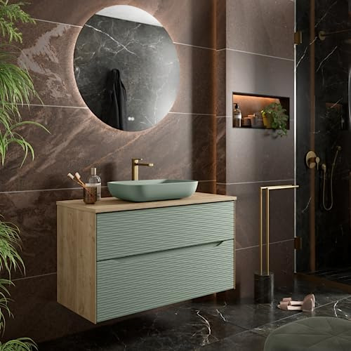 Mueble de Baño Suspendido con Tapa y Lavabo de Sobreponer Sahara | Mueble Baño Volado de 2 cajones con Uñero Cierre Amortiguado Organizador y Lavabo sobre Encimera | Roble Natural - Leaf 80cm