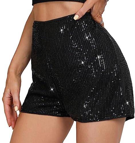 PengFaXin Damen-Shorts mit Pailletten, hohe Elastizität in der Taille, einfarbig, für Ausgehen am Abend, Glitzer, Party, Schwarz , L
