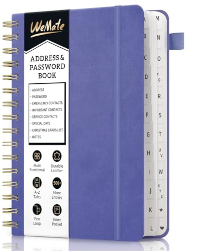 WEMATE Spiral Address Book with Alphabetical Tabs, Leather Password Book, Address Organizer Telephone Notebook Journal Keep Contact Safe Hardcover Large Print for Seniors Home Office 5.8″×8.2″, Purple