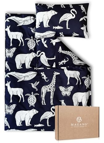 Magano® Ropa de Cama Infantil de Lujo de 135 x 200 cm, Color Azul, bambú y algodón satén, 400 TC, hipoalergénica, diseño de Animales, Funda nórdica de 135 x 200 cm y Funda de …