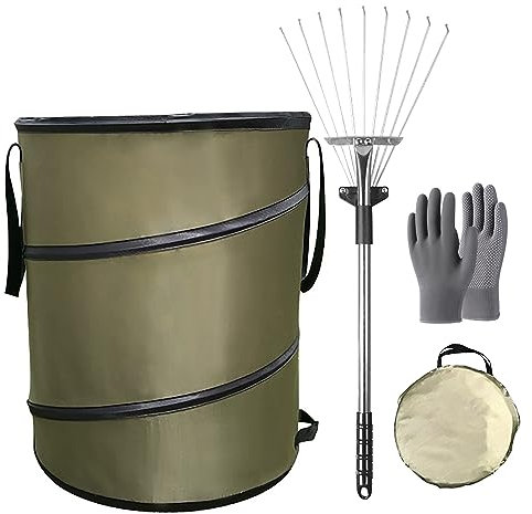 TRAGLO Gartenabfallsäcke, selbststehende Säcke, Laubrechen mit verstellbarem Griff, Gartenabfallsäcke mit Griffen, zusätzlich 1 Paar Gartenhandschuhe, Wiederverwendbare Gartenabfallsäcke
