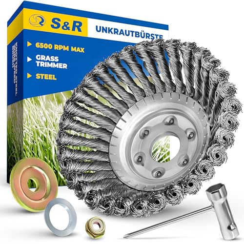 S&R Stahlbürste, Unkrautbürste 150 mm x 25,4 mm, 5-TLG Set mit Zubehör, Stahldraht gezopft, Kegelbürste für Rasentrimmer, Motorsense, Freischneider gegen Unkraut, Moos, Starke Verunreinigungen